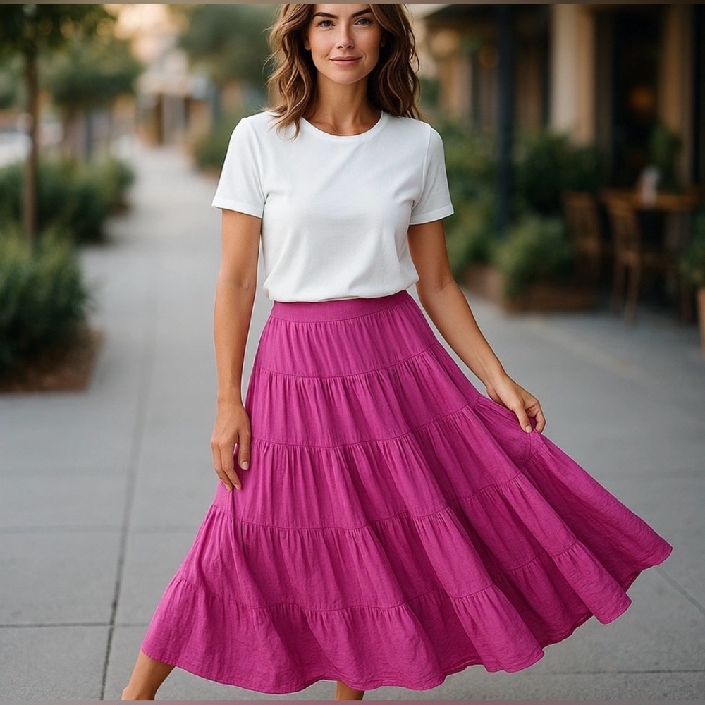 Vintage Fuchsia Color me Cotton orchid pink tiered boho Maxi Skirt, Large